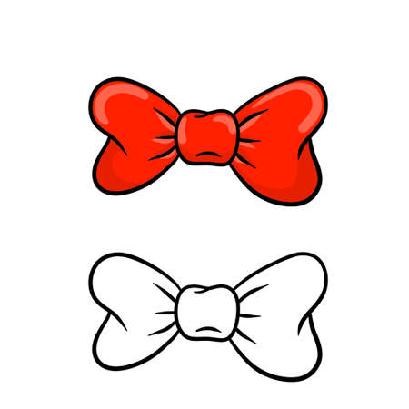 Red bow. Clothing decoration and women hair accessories. Set of color and black and white objects. Cartoon illustrationのイラスト素材