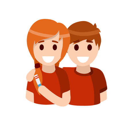 Pregnancy test. Young family. Happy Man and woman. Strip with result and two stripes. Husband embraces his wife. Flat cartoon illustrationのイラスト素材