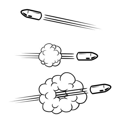 Shot from gun. Flying Bullet. Set Funny comic element. Cloud and smoke. Hand drawn shot. Cartoon illustration. Line and traceのイラスト素材