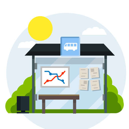 Bus stop. Glass facade and bench. Schedule of public transport. Element of urban landscape. Elements of road sign, bushes, trash cans. Place for title and text. Cartoon flat illustrationのイラスト素材