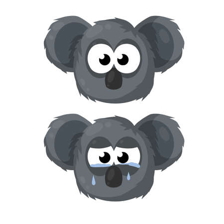 Koala is crying. Extinction of Australian animal. Set of gray cute bear Heads. face of a funny and sad character. Protecting the beast from disaster and tears.のイラスト素材