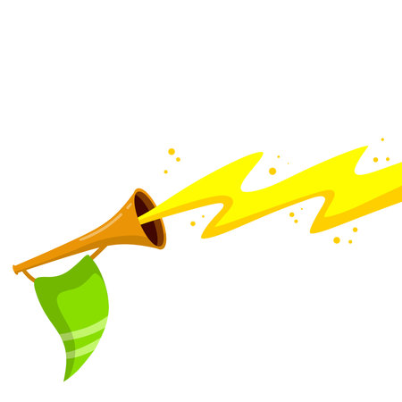 Trumpet. Musical instrument. Golden horn with flag. Solemn event. Element of celebration and awards....