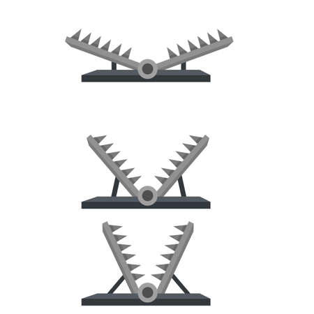 Trap for hunting animals. snare with sharp prongs. Set of steel dangerous objects. Cartoon flat illustrationのイラスト素材