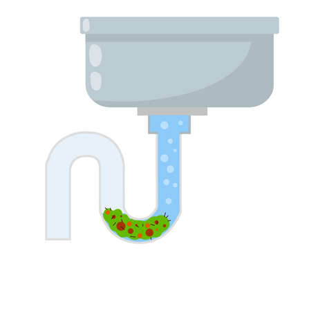 Blockage of pipe. Sink in bath and kitchen. Dirty tube. Water and garbage. Technical work. Broken sewer system. Blue washbasin. Plumbing and sanitary ware. Cartoon flat illustrationのイラスト素材