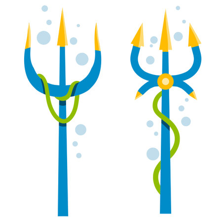 Poseidon Trident. Mythical object with algae and water bubbles. Blue gold magic rod. Cartoon flat illustration. The sea kings weaponのイラスト素材