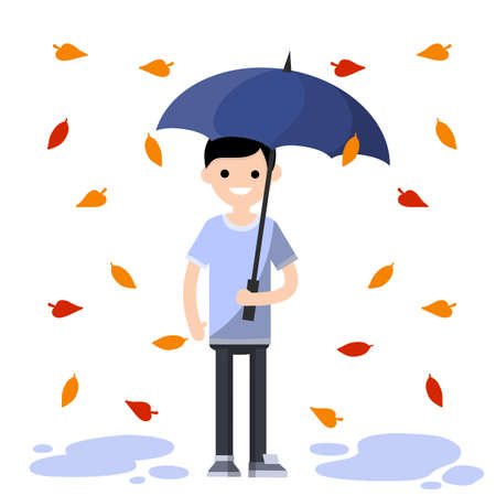 Young man standing in the rain with umbrella. Fall of orange and red autumn leaves. Cartoon flat illustration. Protection from Bad windy weatherのイラスト素材