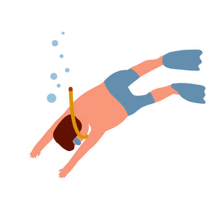 Man dives into water with snorkel and mask. Swimming under water. Summer sports and recreation. Naked guy in swimming trunks.のイラスト素材