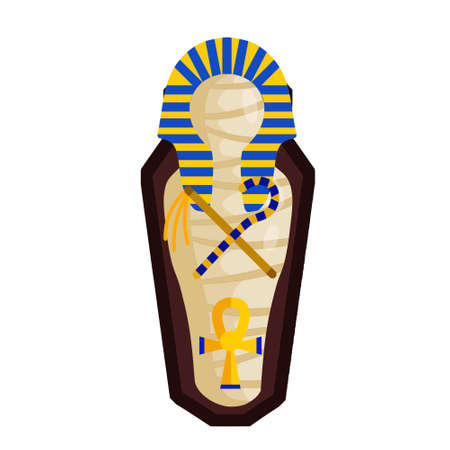 Mummy in sarcophagus. Body of Pharaoh. Egyptian king. Archeology and Halloween monster. Golden scepter and symbol of immortality. Flat cartoon illustrationのイラスト素材