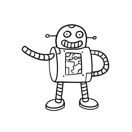 Robot. Doodle character. Metal computer man. Funny children drawing. Friendly Mechanism. Black and white cartoon illustrationのイラスト素材