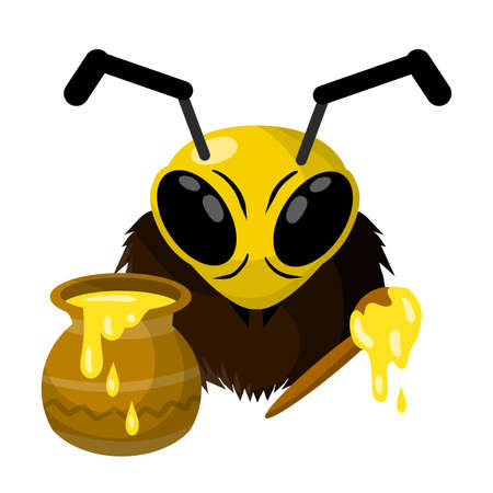 Flat vector Cute mascot character for children's illustration. Farm and agriculture. Jar of sweet honey and spoonのイラスト素材