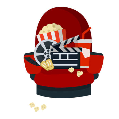 Cinema chair. Red armchair and seat. Set of movie elements. Film, corn popcorn, soda drink. Concept and objects. Cartoon flat illustration isolated on whiteのイラスト素材