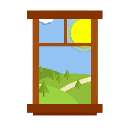 Window overlooking the summer landscape with green hills, summer season with sun, good weather. Interior element of the room. Wooden frame. Cartoon flat illustrationのイラスト素材