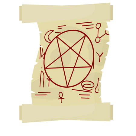 Papyrus scroll with magic spell. Star pentagram on paper. The element of the sorcerer and witch. Cartoon flat illustrationのイラスト素材