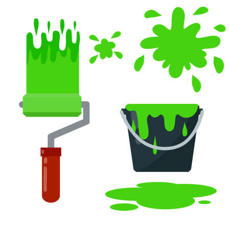 Roller for paint and bucket. Green tool with trace. element of decorator's work. Repair and art. Cartoon flat illustration.のイラスト素材