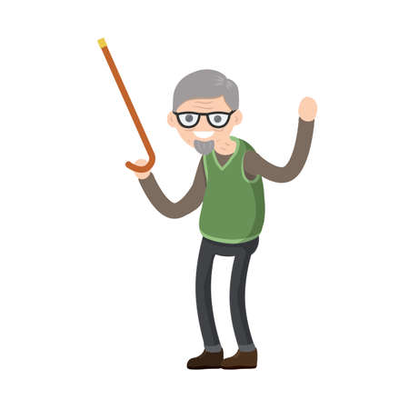 Funny old man with cane. Senior and Active Lifestyle, recreation grandfather. Cartoon flat illustration.のイラスト素材