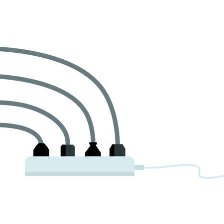 Many outlets to plug with wires. load on system. Cartoon flat illustration. Household appliance at home. High voltage and current. Electrical socketのイラスト素材