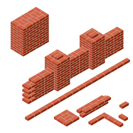 Red brick wall in isometric view. Construction of buildings. Fence with a tower in the corner. The barrier and the curb stone. Material for repair. border of territory.のイラスト素材