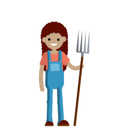 Man farmer in overalls with fork in hands. Rural type of work. Production of natural food in the village. Guy in hat with tools. Cartoon flat illustrationのイラスト素材