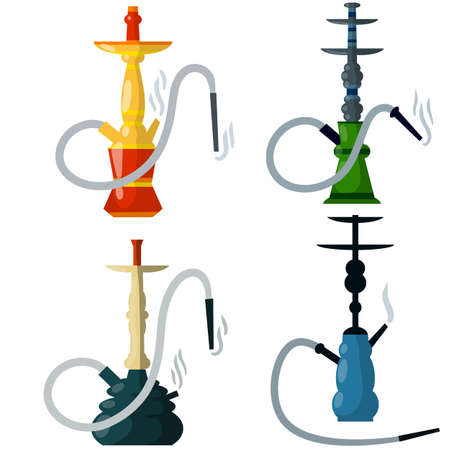 Hookahs. Green Flasks. Smoking device. Bad middle Eastern habit. Rest and relaxation. Cartoon flat illustration. Shisha bar elementのイラスト素材