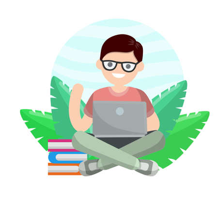Man sit with laptop. Work freelance and programmer. Guy works on Internet and chat. Cartoon flat illustration. Learning and education with book and green leaves.のイラスト素材