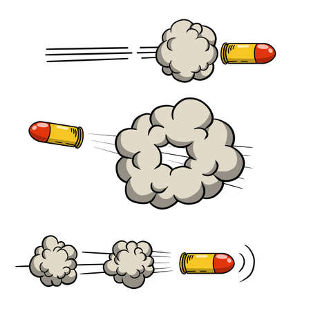 Shot from gun. Flying Bullet. Set Funny comic element. Cloud and smoke. Hand drawn shot. Cartoon illustration. Line and traceのイラスト素材