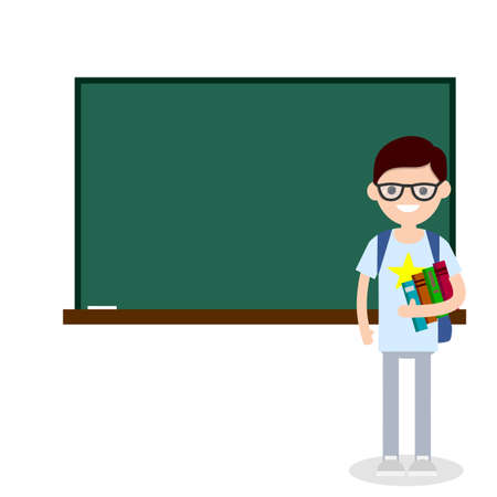 Male student with books and backpack in high school at clean Board with chalk. Education in University and College. Lesson and lecture. Boy and knowledge. Young man. Cartoon flat illustrationのイラスト素材