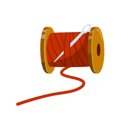 Embroidery and needle. Coil and a skein of red thread. Crafts and Hobbies. Clothing manufacturing and needlework. Flat cartoon illustrationのイラスト素材