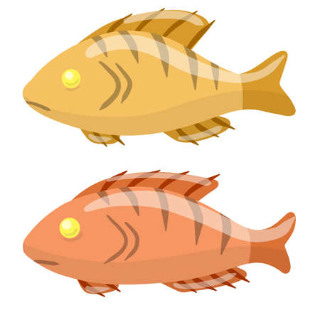 Set of fish. River animal with scales, fins and a tail. Sea food. Cartoon flat illustration isolated on white backgroundのイラスト素材