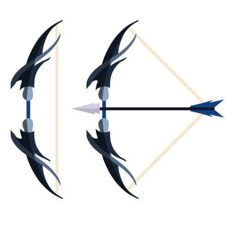 Bow and arrow. Taut bowstring. Fantastic weapons. Shooting and hunting element. Set of objects. Flat cartoon illustrationのイラスト素材