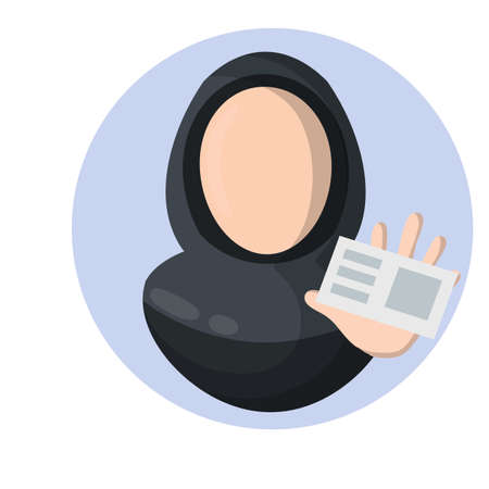 Getting driver license. Arab woman in hijab. Certificate and document. Hand hold Plastic card. Girl in national dress. Training in driving school. Flat icon for appのイラスト素材