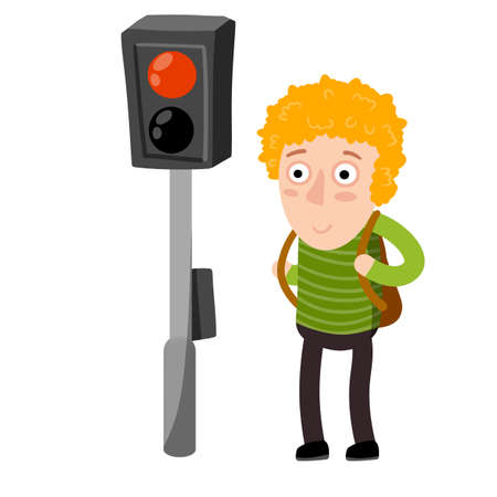 Boy and red light. Children flat cartoon drawing. Funny red kid isolated on white background. Traffic rules and lights. Schoolboy with backpack.のイラスト素材