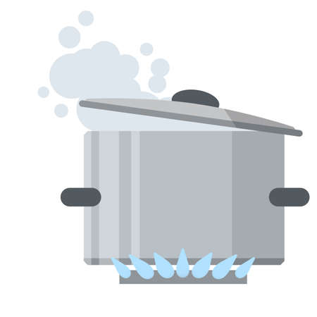 Flat Kitchen element and soup preparation. Big utensil with lid for boiling water on blue fire gasのイラスト素材