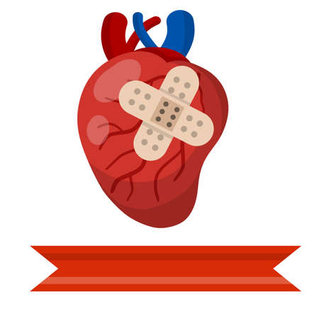 Heart. Sick Human internal organ. Medicine and cardiology. Cartoon flat illustration. Patch on wound. Ribbon for logo textのイラスト素材