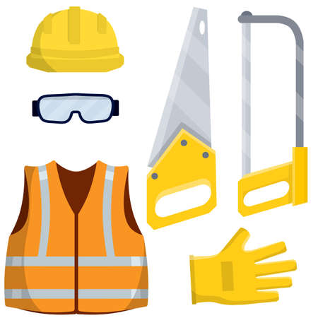 Set of clothes Builder and worker. Yellow vest, helmet, glasses, gloves. jigsaw and saw of lumberjack. Repair and maintenance. Safety and tools for cutting trees. Cartoon flat illustrationのイラスト素材