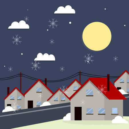 Small winter town. Snowdrifts on the streets of the night landscape. Suburban block of houses.のイラスト素材