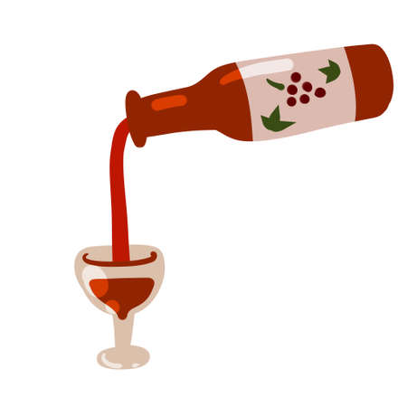 Bottle of wine and shot glass. Grape red alcohol. Addiction and drink. Doodle cartoon illustrationのイラスト素材