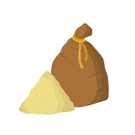 Canvas burlap bag. Cartoon flat illustration. Rustic element for mill. Packaging for storage of grain and flour. pile of wheatのイラスト素材