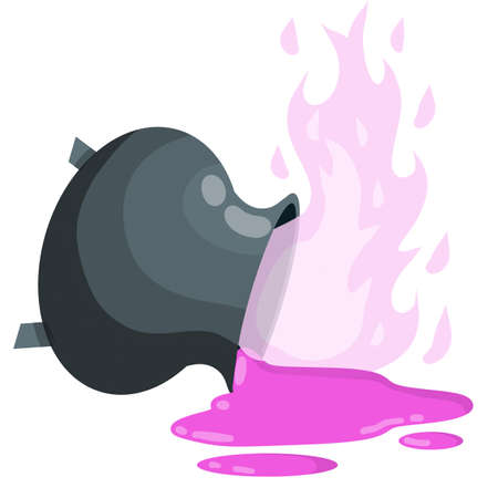 Overturned cauldron of magic potion and fire. Smoke and steam. Halloween decoration element. spilled liquid and pot. Cartoon flat illustration. Green elixir of witchesのイラスト素材