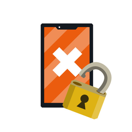 Unlocked smartphone. Open lock. Hacked phone. Access to account. White cross on the device's red display. Icon for the appのイラスト素材