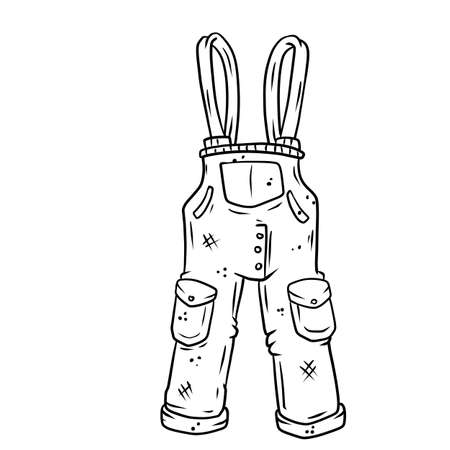 Blue overalls for the worker. Denim Clothing with pockets. The gardener and farmer element. Drawn cartoon illustrationのイラスト素材
