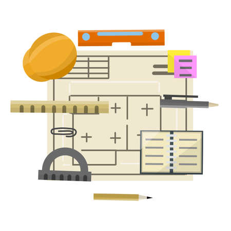 Engineer kit. Drawing plan of building. Design and project documents. Set of drawing items. Construction worker helmet. Flat House blueprint. Technical schemeのイラスト素材
