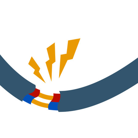 Blue damaged cable with red wire. Orange lightning and the spark. Broken line. faulty electrical appliance. Power Safety rule. Cartoon flat illustration. Electrical shock, short circuit.のイラスト素材
