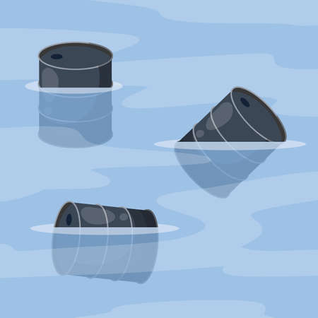 Barrel in water. Dumping chemicals into sea. Environmental problem. Fuel and gasoline. Ocean pollution. Flat cartoon illustrationのイラスト素材
