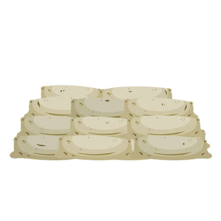 Barricade of sandbags. Fortified point. Defense construction. Modern warfare. Wall of the bag. Fortpost and barrier. Flat cartoonのイラスト素材