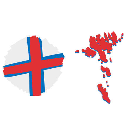 Map of Faroe Islands. Scandinavian flag with cross. White blue red national symbol. Travel to Northern Europe. Flat cartoonのイラスト素材