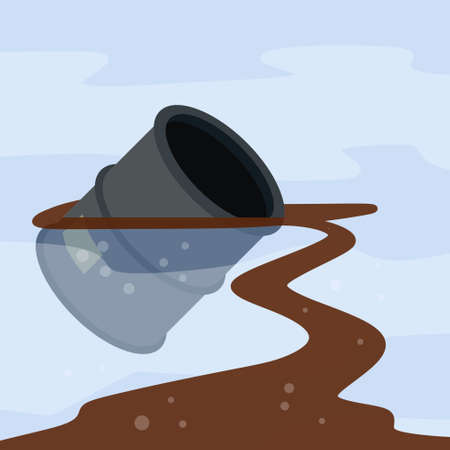 Barrel in water. Dumping chemicals into sea. Environmental problem. Spilled fuel and gasoline. Ocean pollution. Flat cartoon conceptのイラスト素材