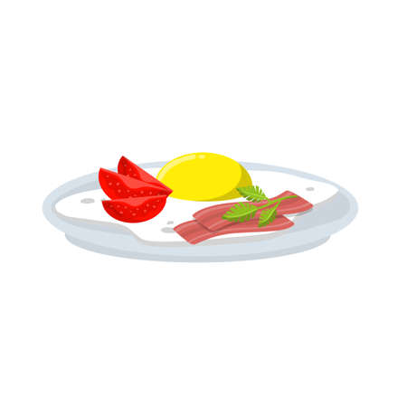 Fried egg. Delicious omelet with vegetables. Tasty Tomato, greens and bacon on scrambled egg. Breakfast on white plate. Cartoon flat illustrationのイラスト素材