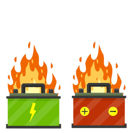 Broken car battery. rechargeable electricity accumulator. Element of auto. Damaged fire object. Cartoon flat illustrationのイラスト素材