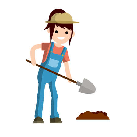 farmer with a shovel digs the ground bed. countryside worker in jumpsuit. Kind of profession. Spring planting. Organic food.のイラスト素材