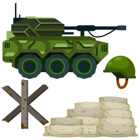 Military facility. Army base. Barricade, firing point. Shelter and tank. Modern weapons and equipment. Protective helmet. Flat cartoonのイラスト素材